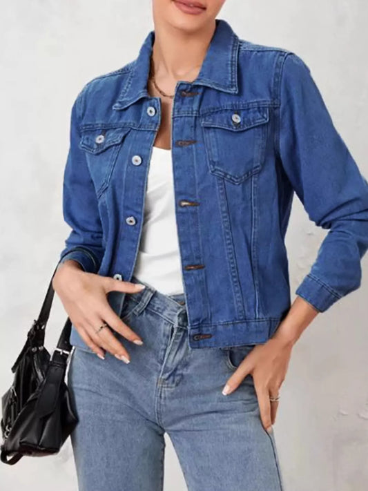 Button Up Long Sleeve Denim Jacket Dark Blue