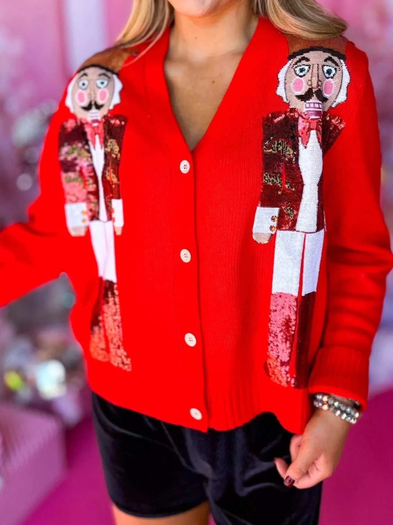 Nutcracker Ribbed Hem V-Neck Cardigan Scarlet