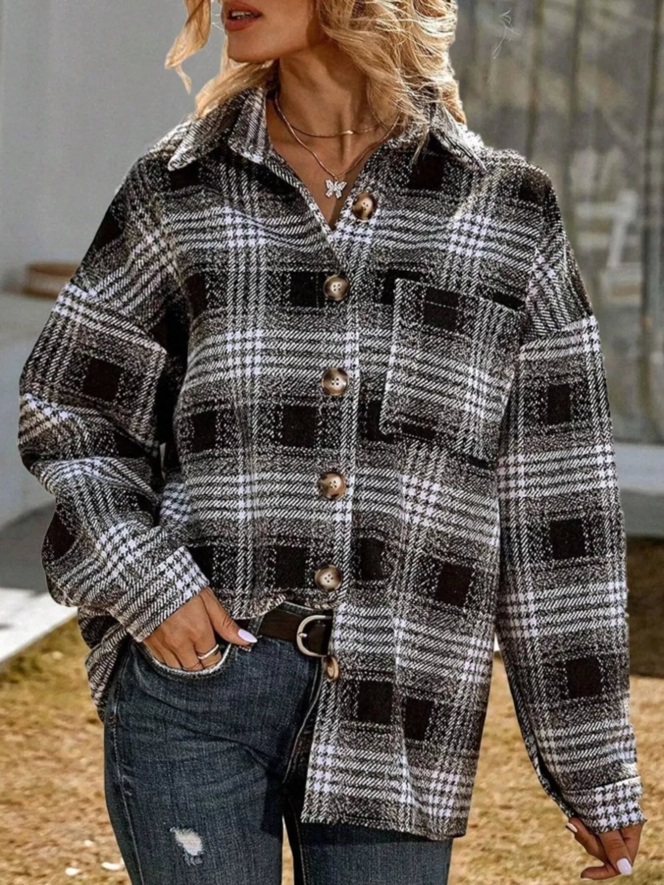 Plaid Button Up Long Sleeve Shacket Black