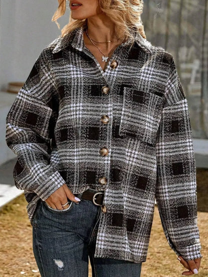 Plaid Button Up Long Sleeve Shacket Black