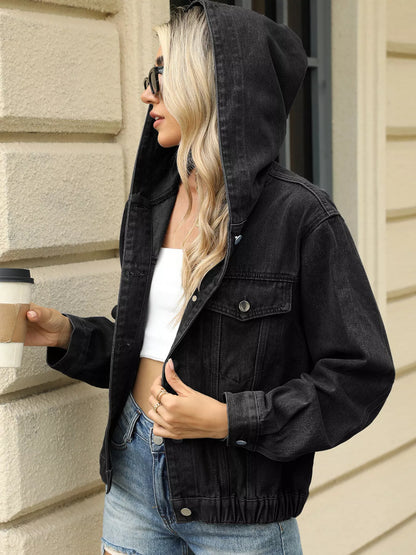 Washed Button Up Hooded Denim Jacket Black Gray