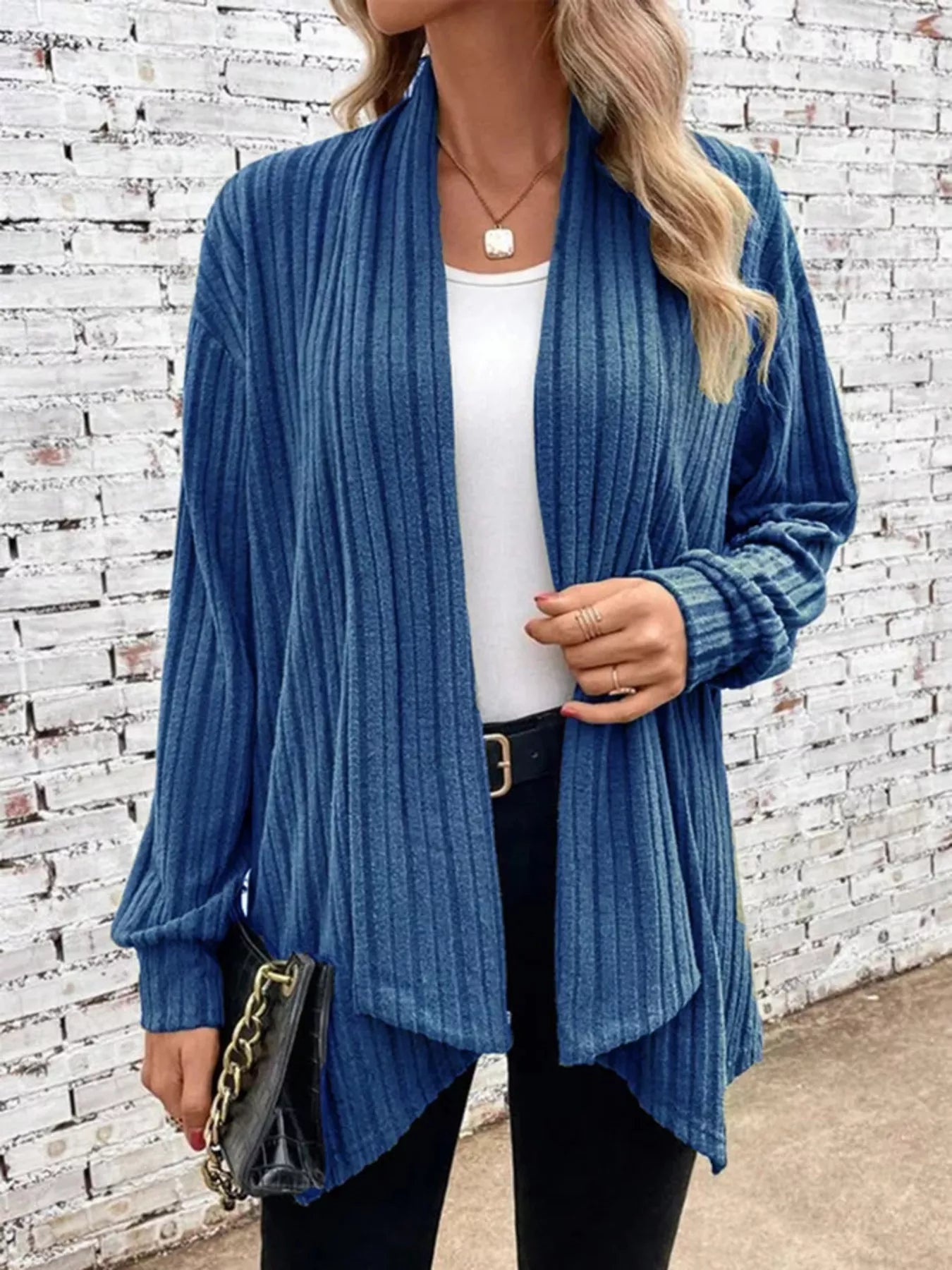 Full Size Ribbed Knit Open Front Cardigan Plus Size Dark Blue