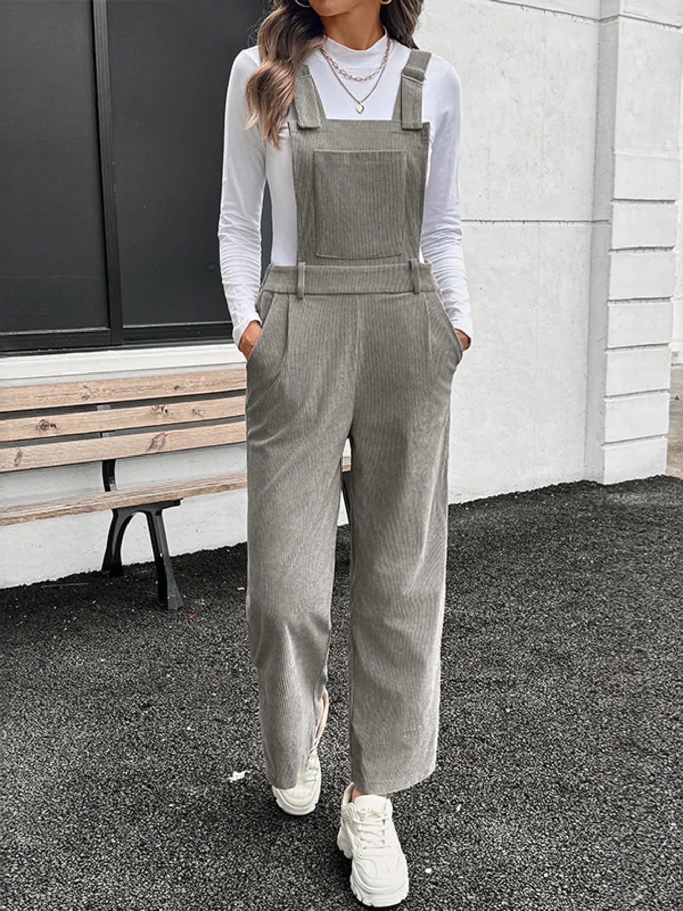Slit Wide Leg Overalls with Pockets Grey