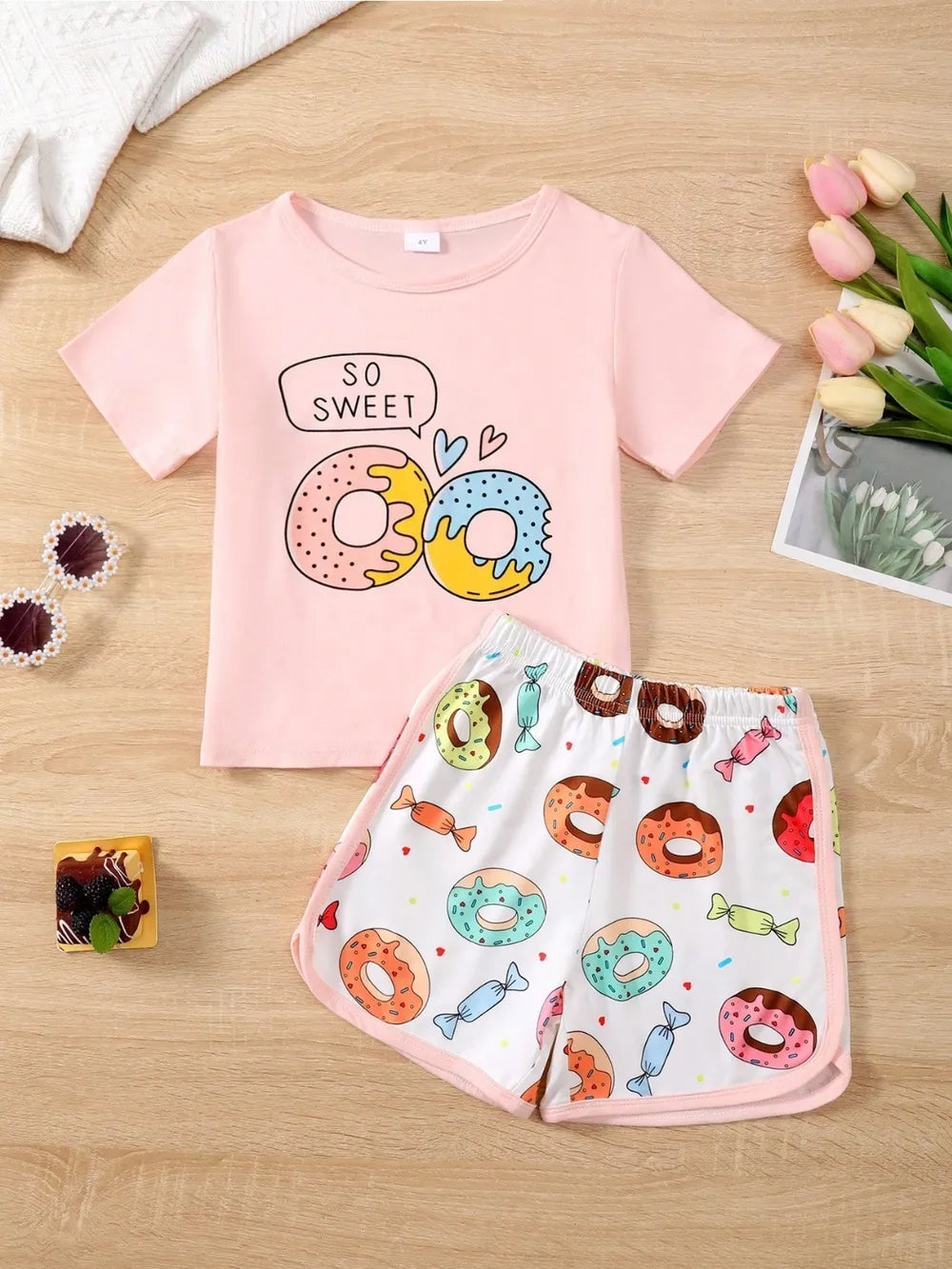 Children's Donut Round Neck Top and Pants Set Blush Pink