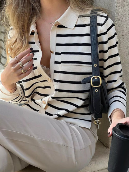 Striped Button-Down Knit Cardigan Black