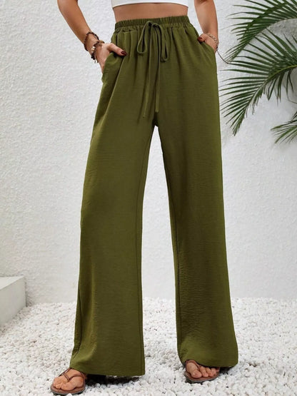 Casual Drawstring Wide Leg Pants Green
