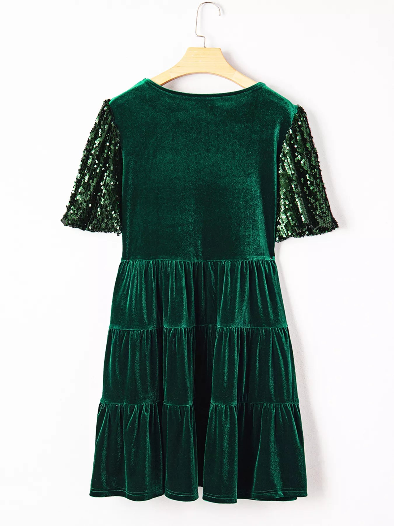 Sequin Puff Sleeve High Waist Tiered Velvet Mini Dress