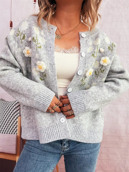 Flower Button Up Long Sleeve Cardigan Light Gray One Size