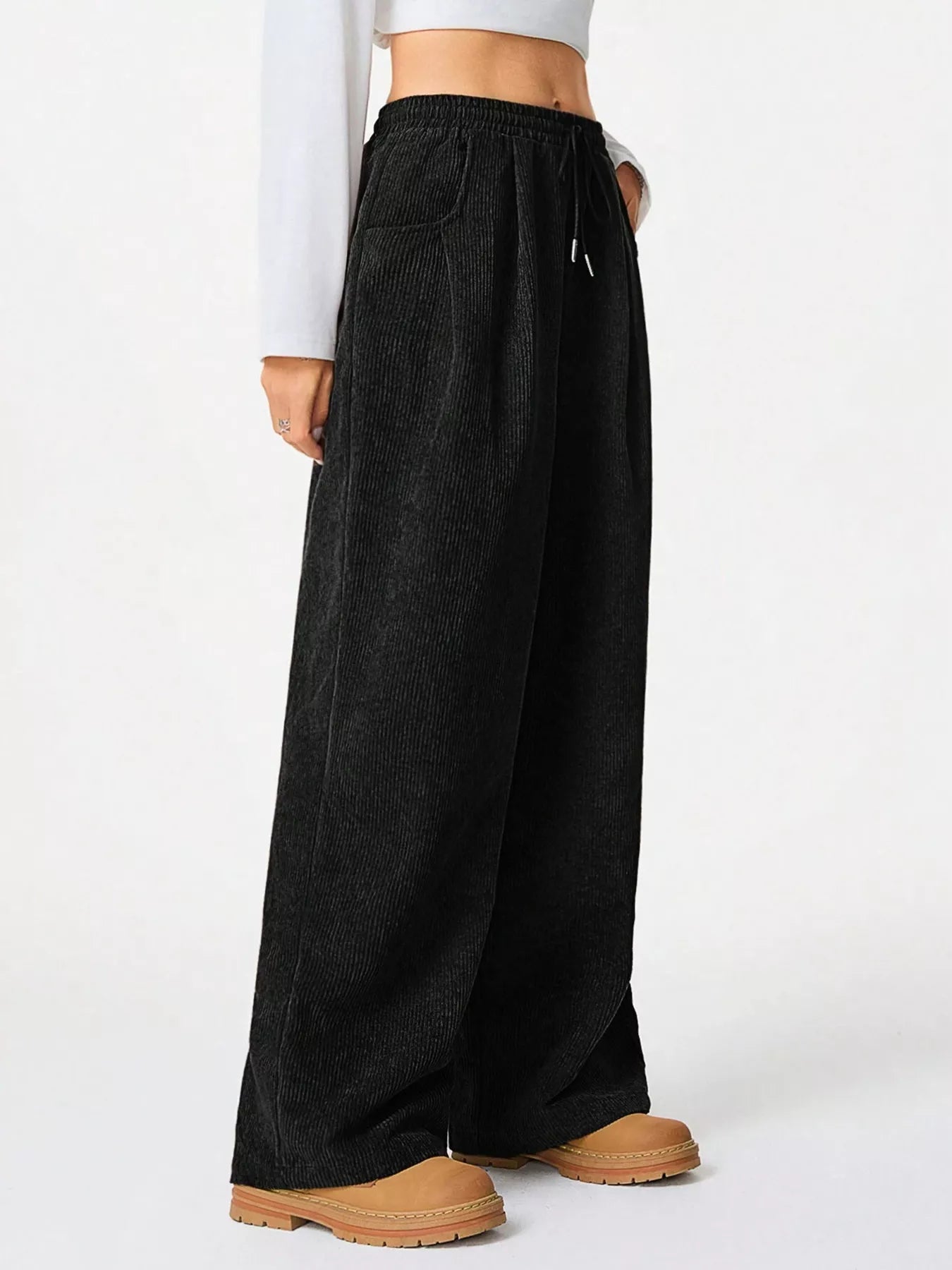 Relaxed Fit Corduroy Pants with Drawstring Black