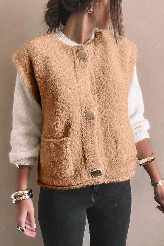 Fleece Button-Down Vest Coat Pale Blush