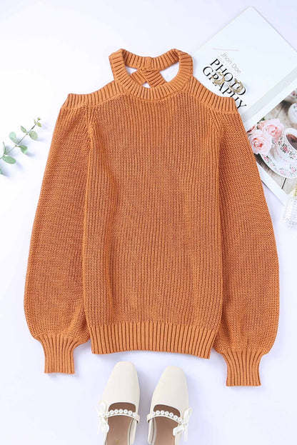 Back To School Sweater - Cutout Back Cold Shoulder Long Sleeve Sweater