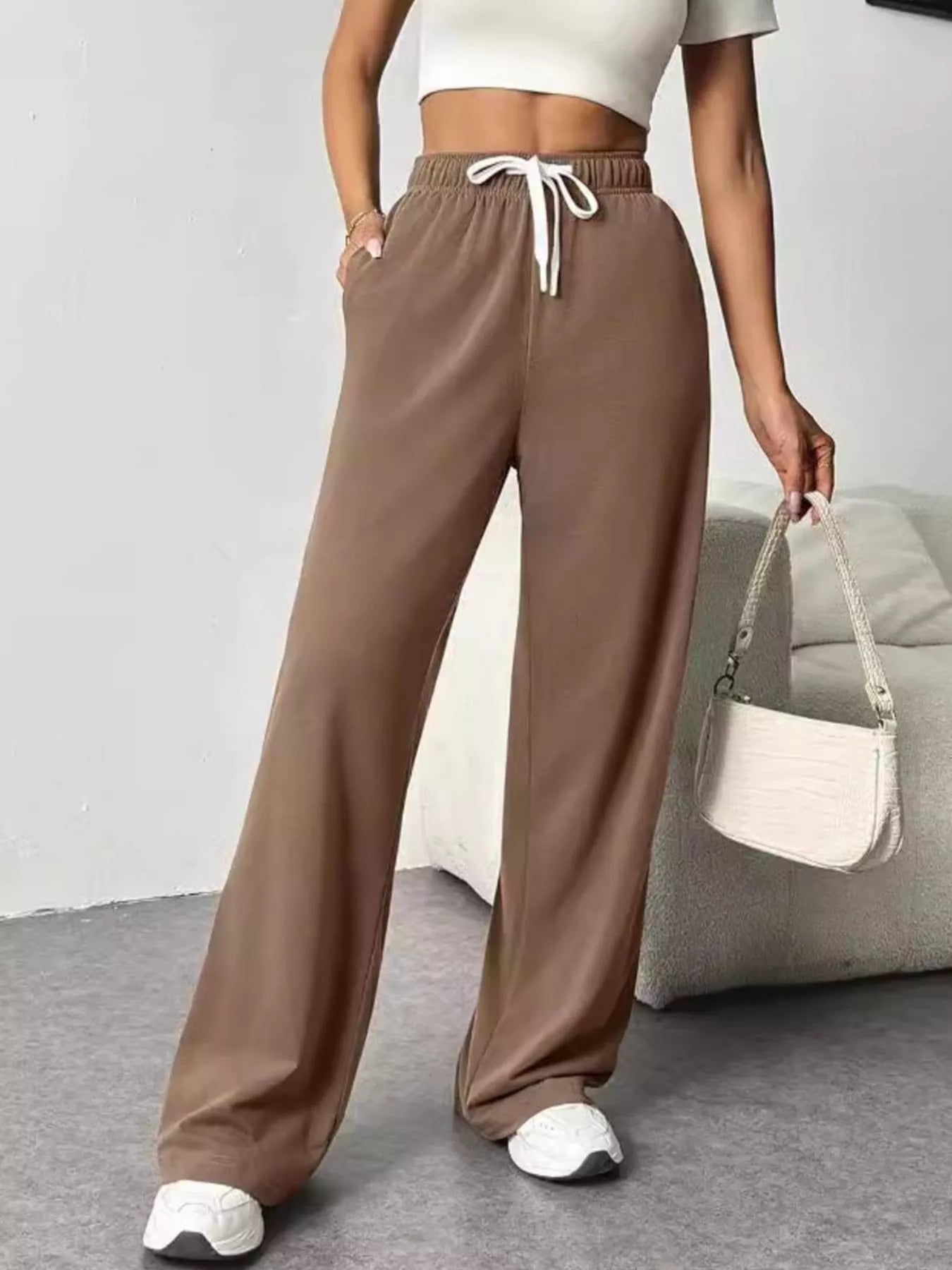 Drawstring Wide Leg Pants Brown