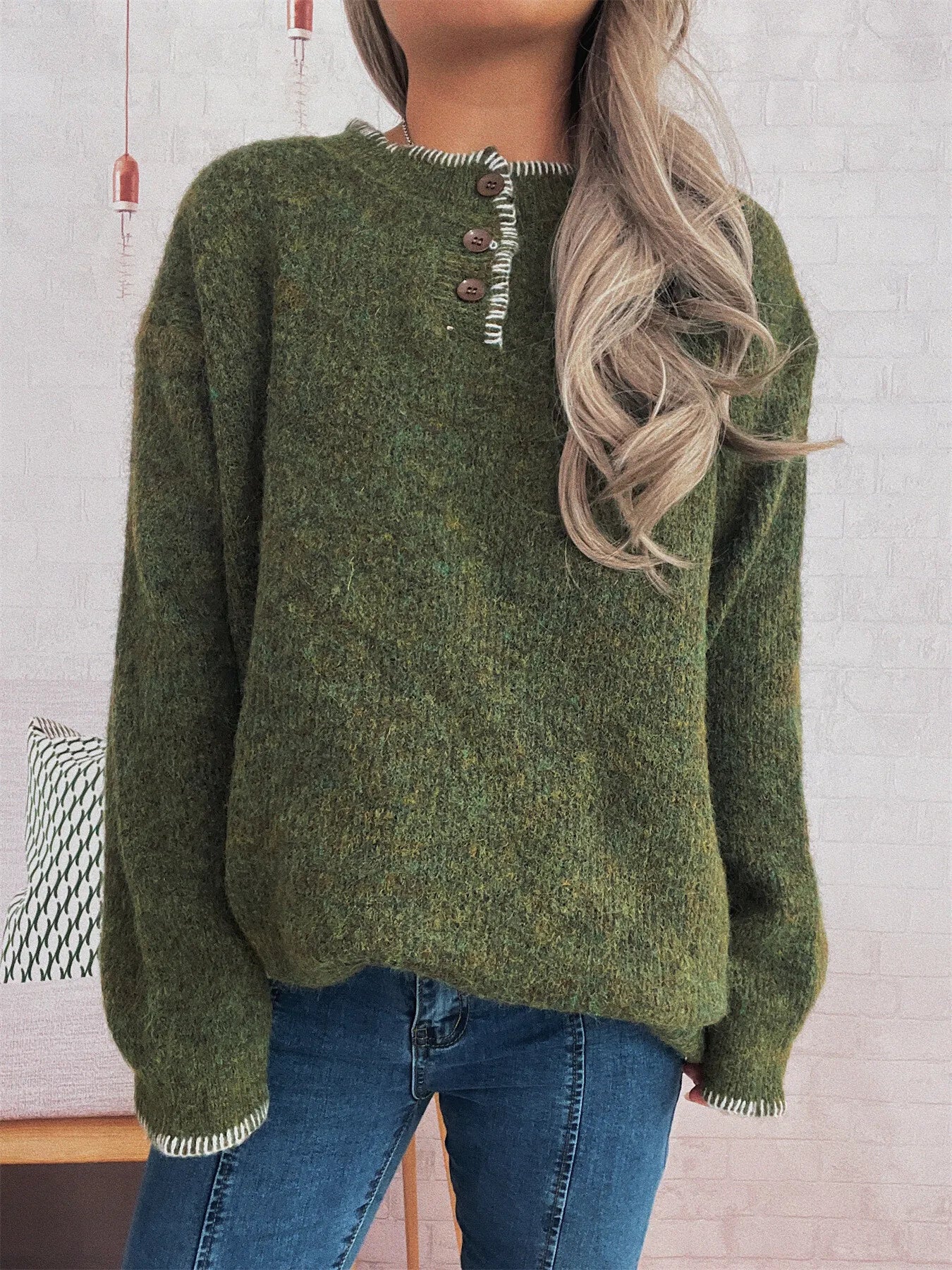Ribbed Button Detail Long Sleeve Sweater