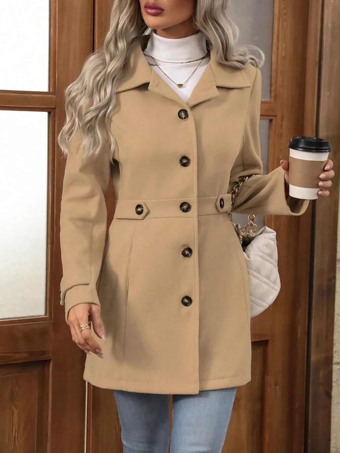 Button Up Long Sleeve Outerwear Camel