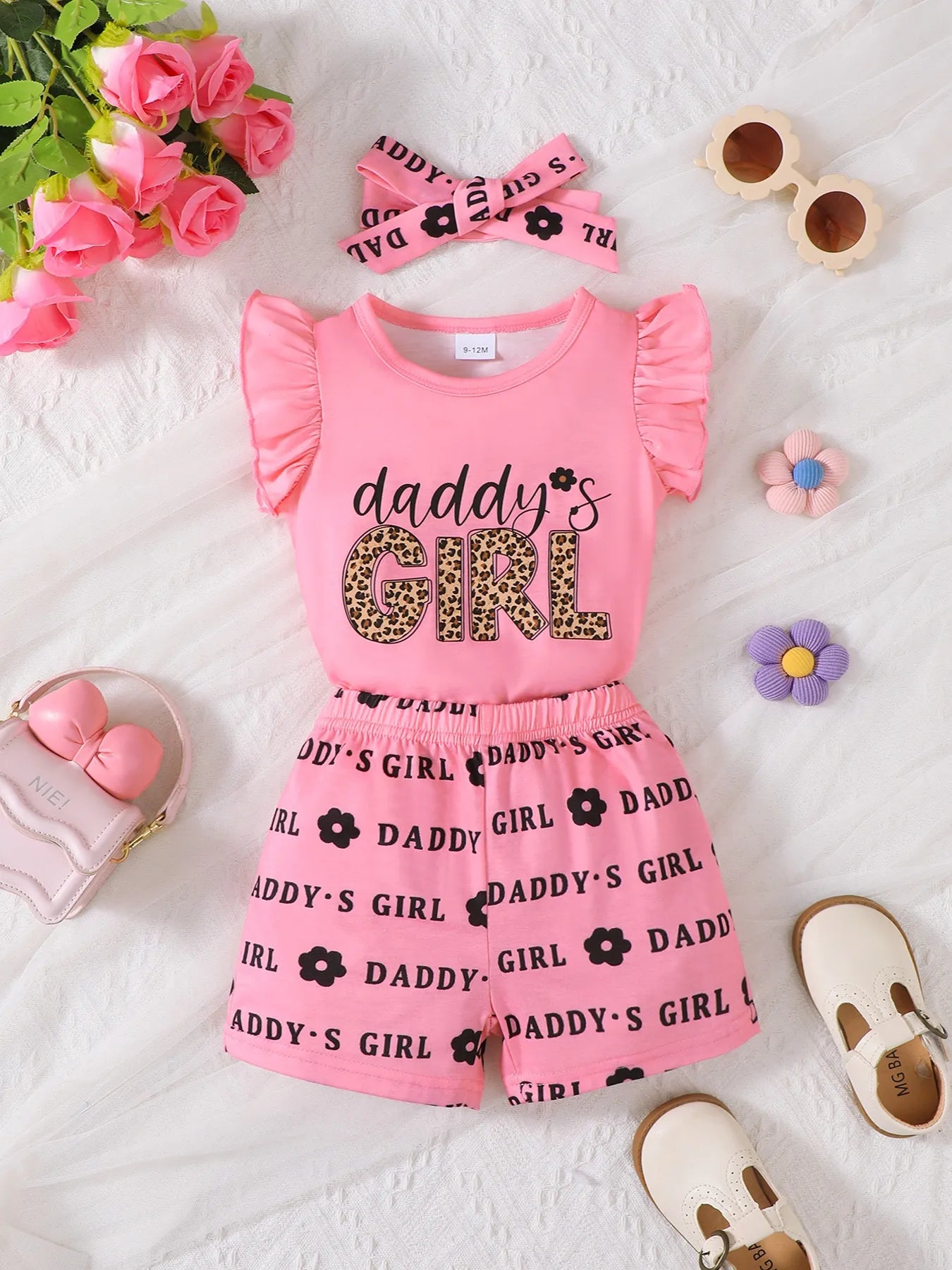 Children's Headband Letter Ruffle Sleeve Top and Shorts 3-Piece Set Pink