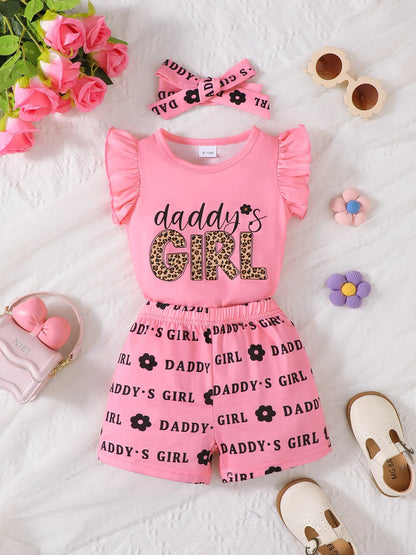 Children's Headband Letter Ruffle Sleeve Top and Shorts 3-Piece Set Pink