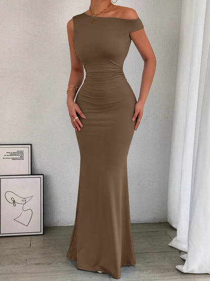 One-Shoulder Ruched Bodycon Maxi Dress Brown