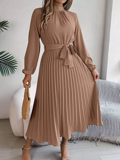 Mock Neck Pleated Midi Dress