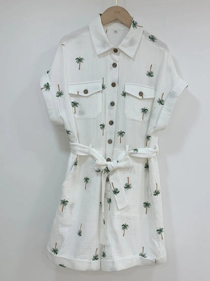 Palm Tree Print Short Sleeve Button-Up Romper with Belt