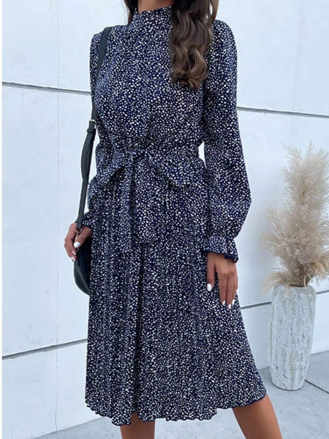 Animal Print Mock Neck Flounce Sleeve Dress