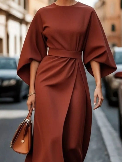 Round Neck 3/4 Sleeve Dress Rust