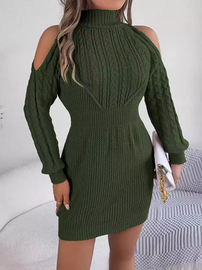 Cold Shoulder Cable Knit Turtleneck Sweater Dress