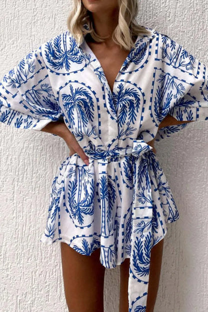 Printed Tie Waist Romper Light Blue