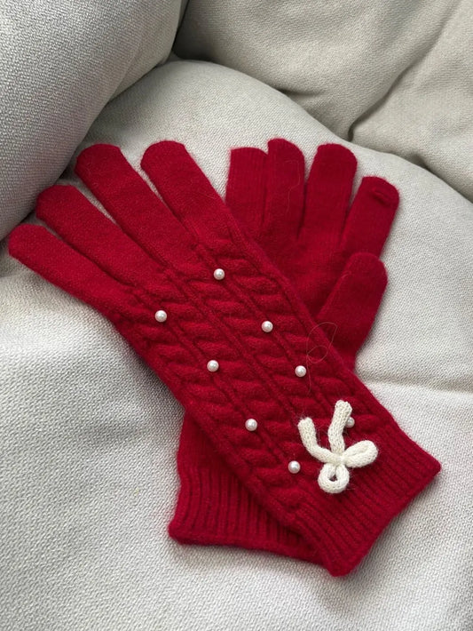 Thermal Pearl Detail Bow Five-Finger Gloves Deep Red One Size