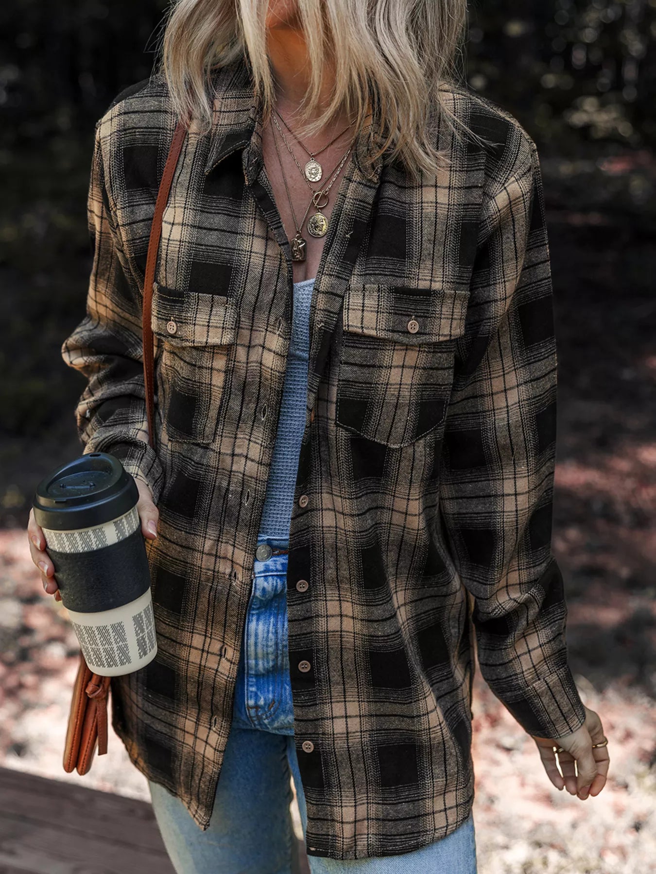 Plaid Double Flap Pocket Brushed Shacket Plaid