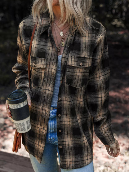 Plaid Double Flap Pocket Brushed Shacket Plaid