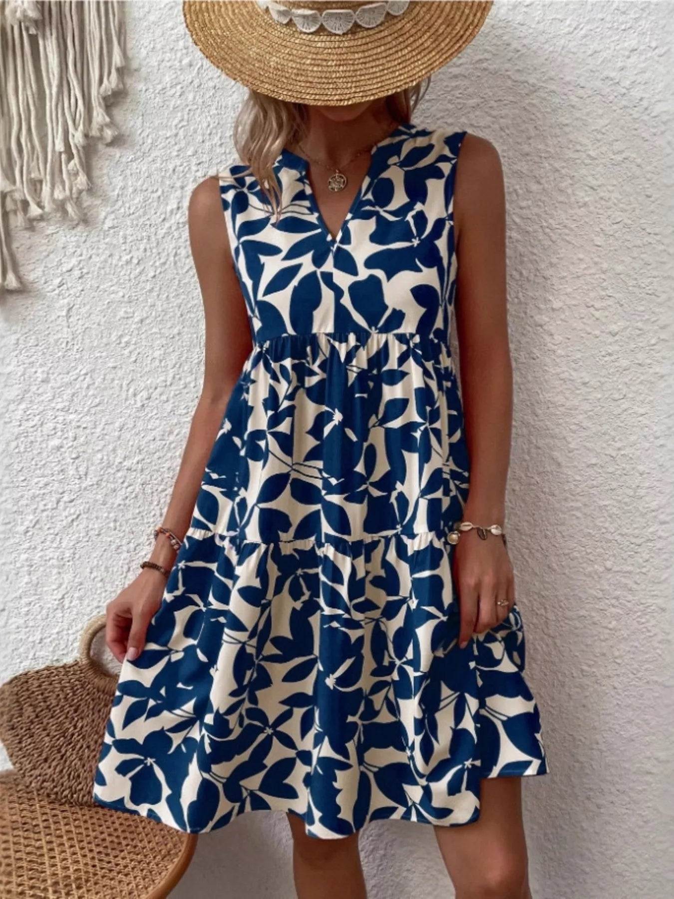 Full Size Printed Notched Sleeveless Mini Dress Plus Size Royal Blue