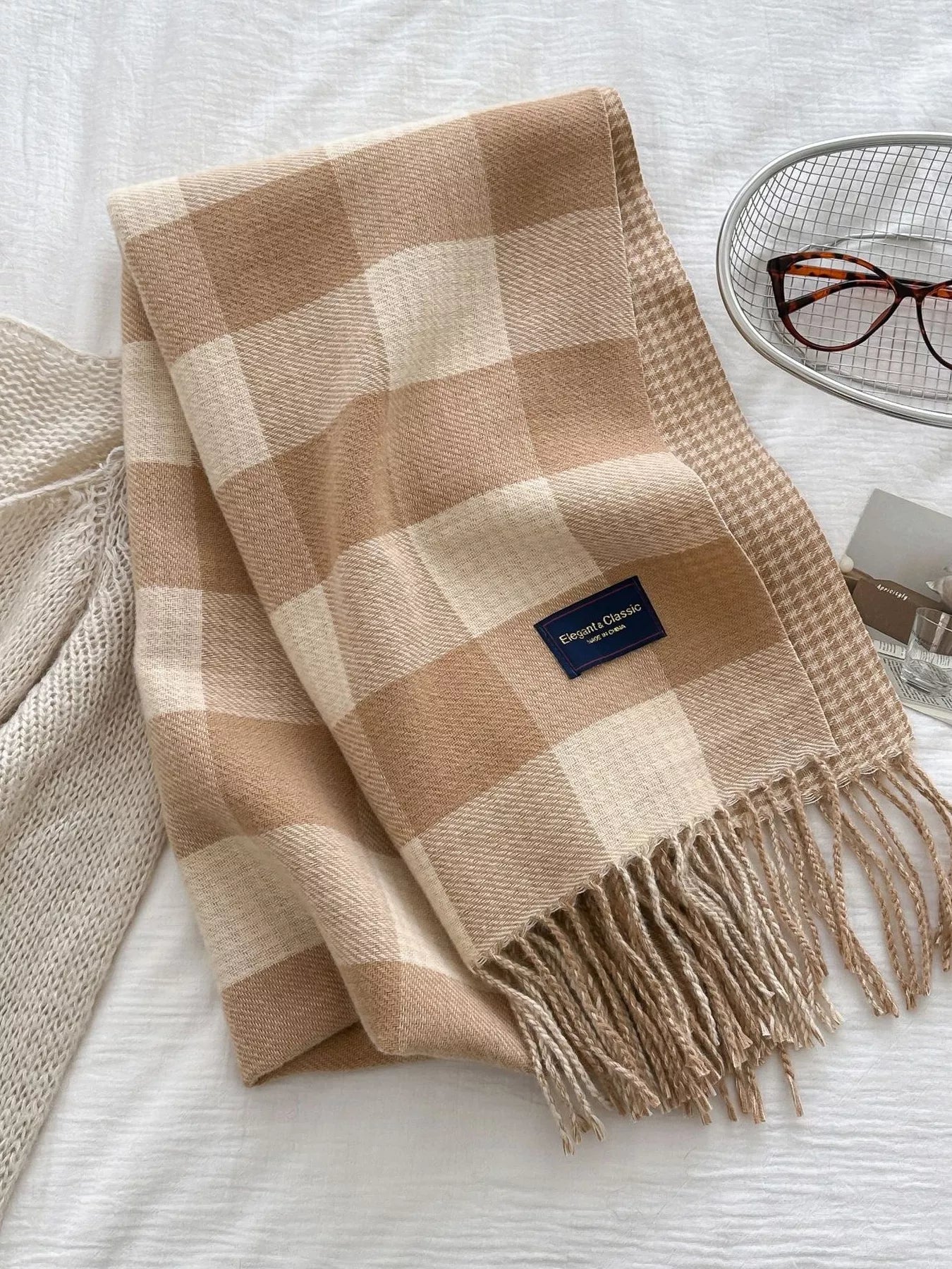 Plaid Tassel Winter Scarf Tan One Size