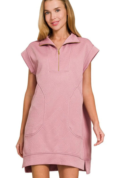Zenana Textured Knit Jacquard Quarter Zipper Mini Dress LT ROSE