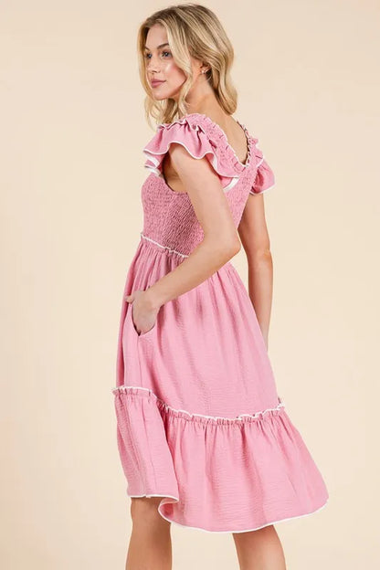 Lime 'N' Chili Ruffle Trim Smocked Dress with Contrast