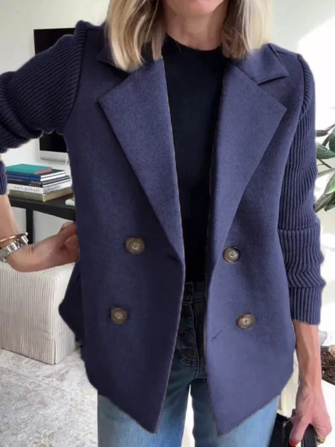 Full Size Knitted Sleeve Wool Blend Double-Breasted Blazer Plus Size Navy