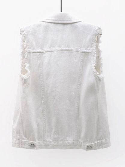 Full Size Button Down Raw Hem Sleeveless Denim Jacket Plus Size
