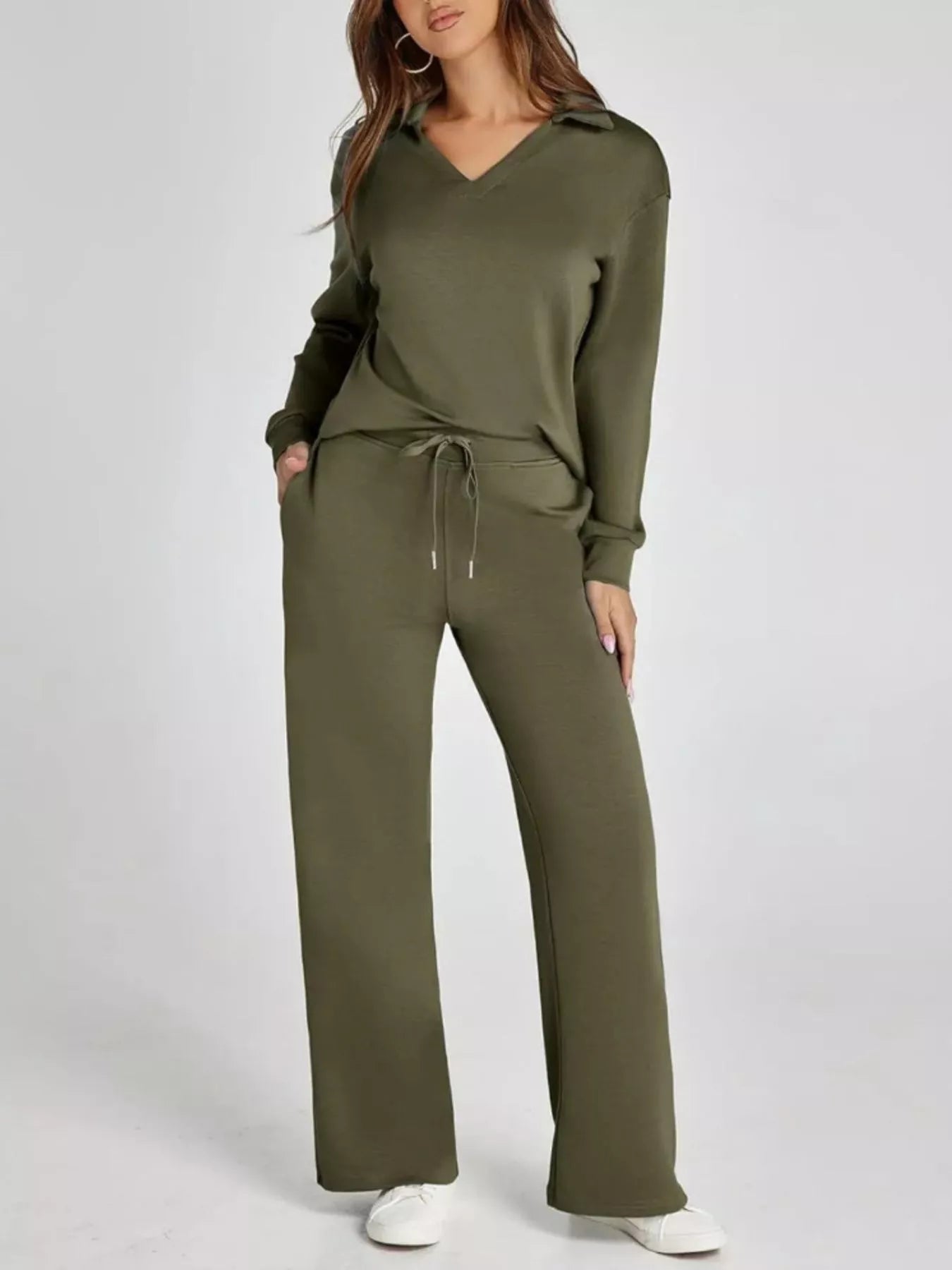 Full Size Johnny Collar Long Sleeve Top and Pants Plus Size Army Green