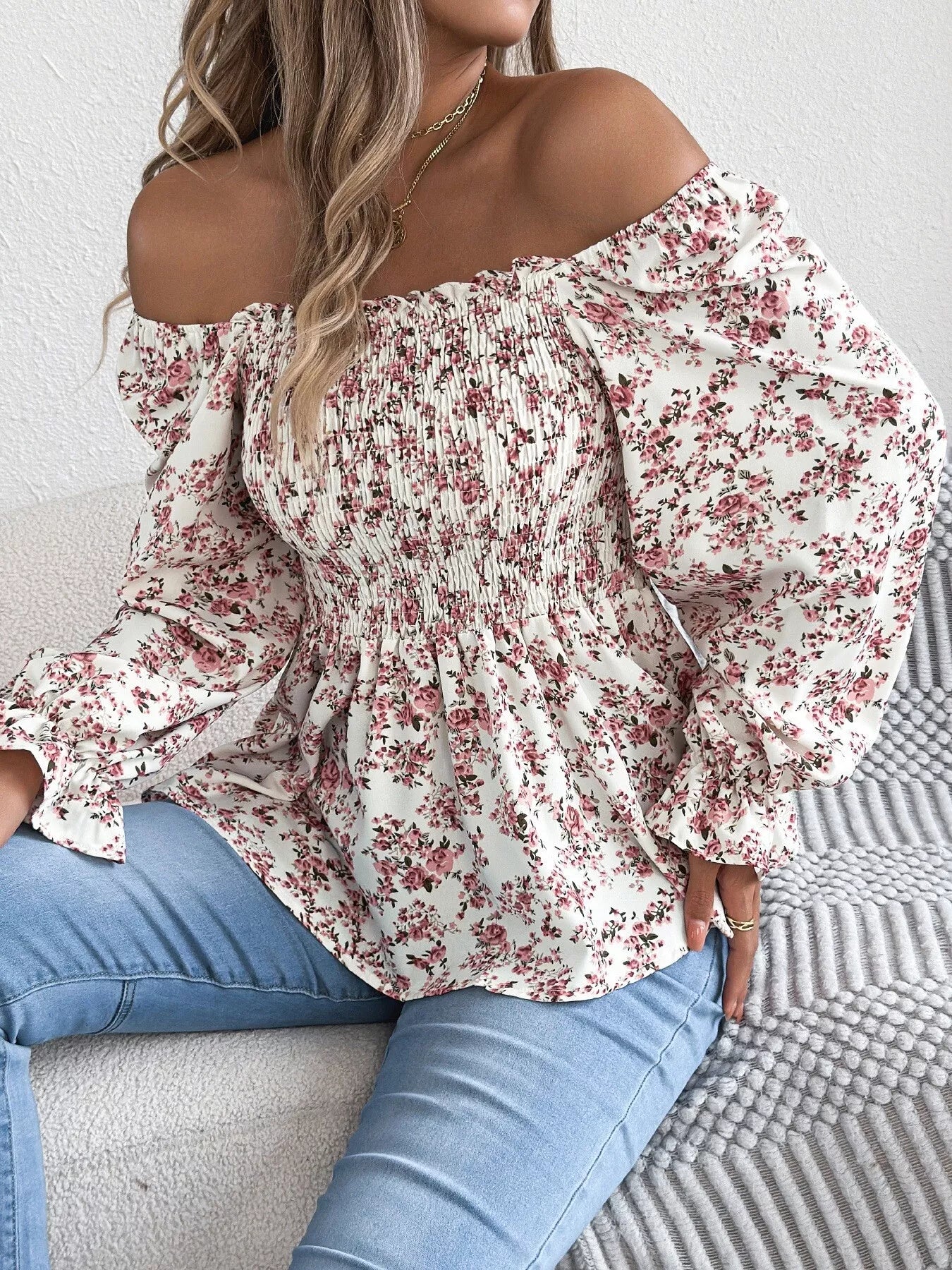 Full Size Floral Print Smocked Long Sleeve Blouse Plus Size White