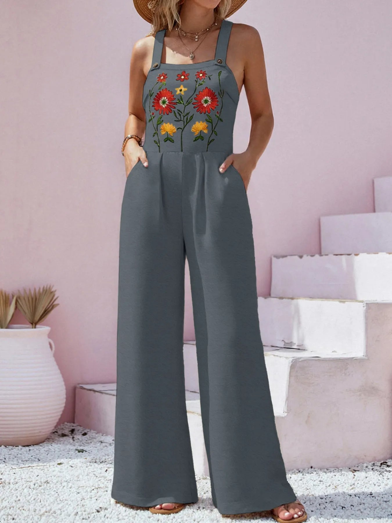 Floral Embroidered Wide Leg Jumpsuit Dark Gray