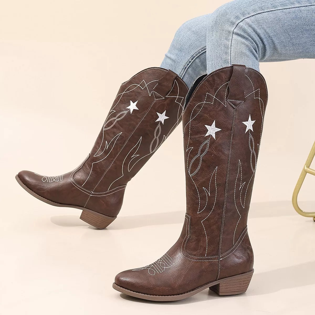 Western Star Embroidered Cowboy Boots Coffee Color