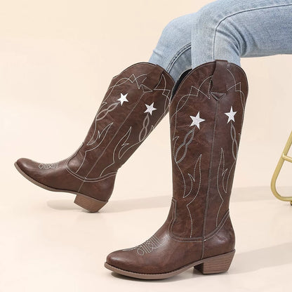 Western Star Embroidered Cowboy Boots Coffee Color