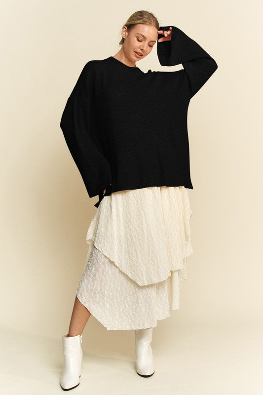Back To School Sweater - Davi & Dani High-Low Round Neck Drop Shoulder Sweater