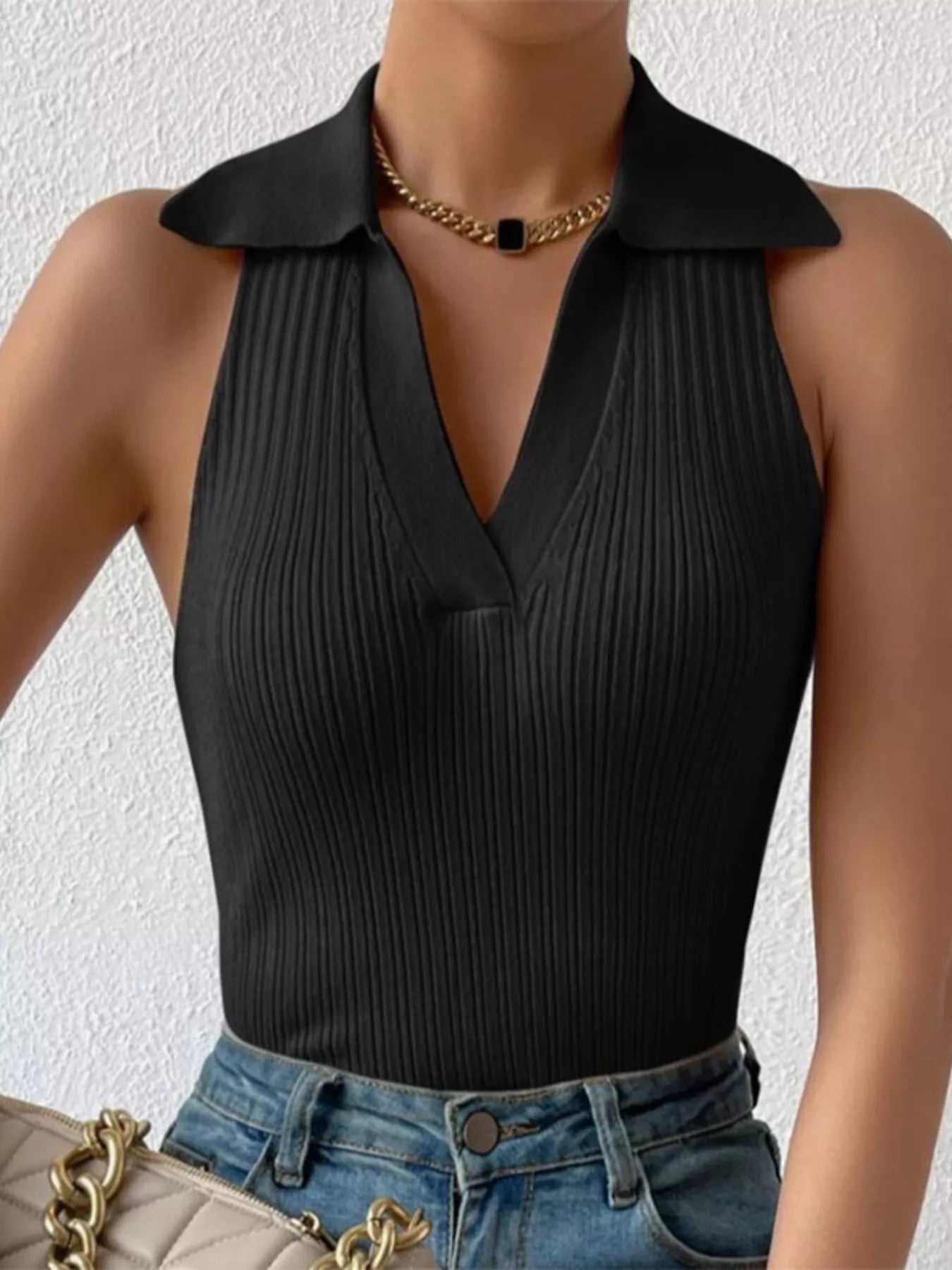 Polo Collar Sleeveless Tank Black