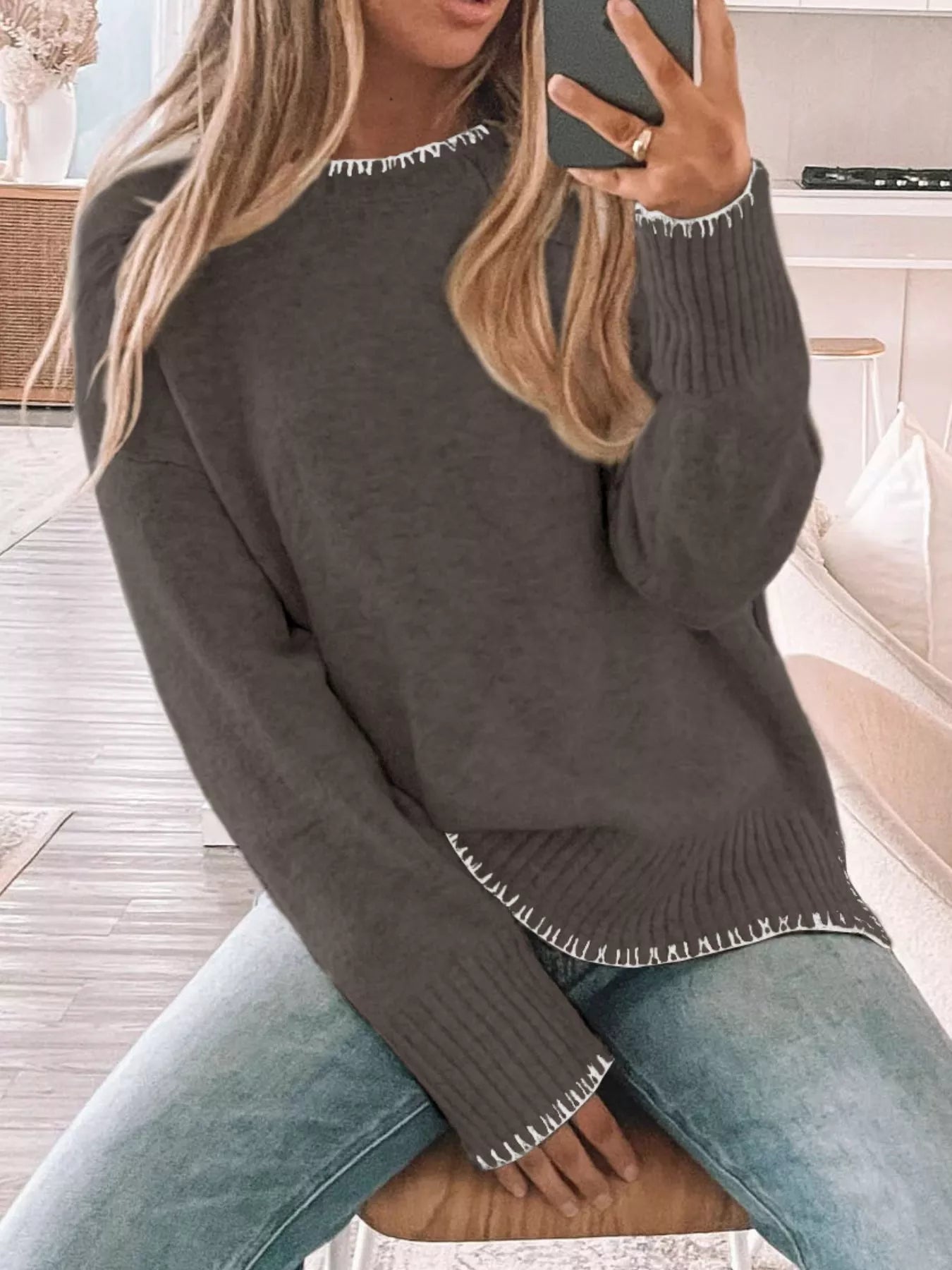 Slit Contrast Trim Round Neck Sweater Coffee Brown