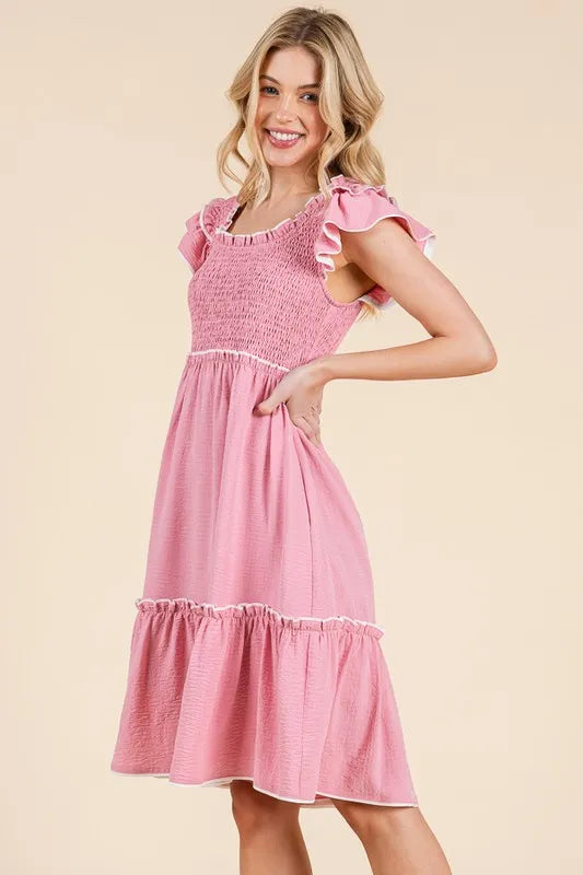 Lime 'N' Chili Ruffle Trim Smocked Dress with Contrast