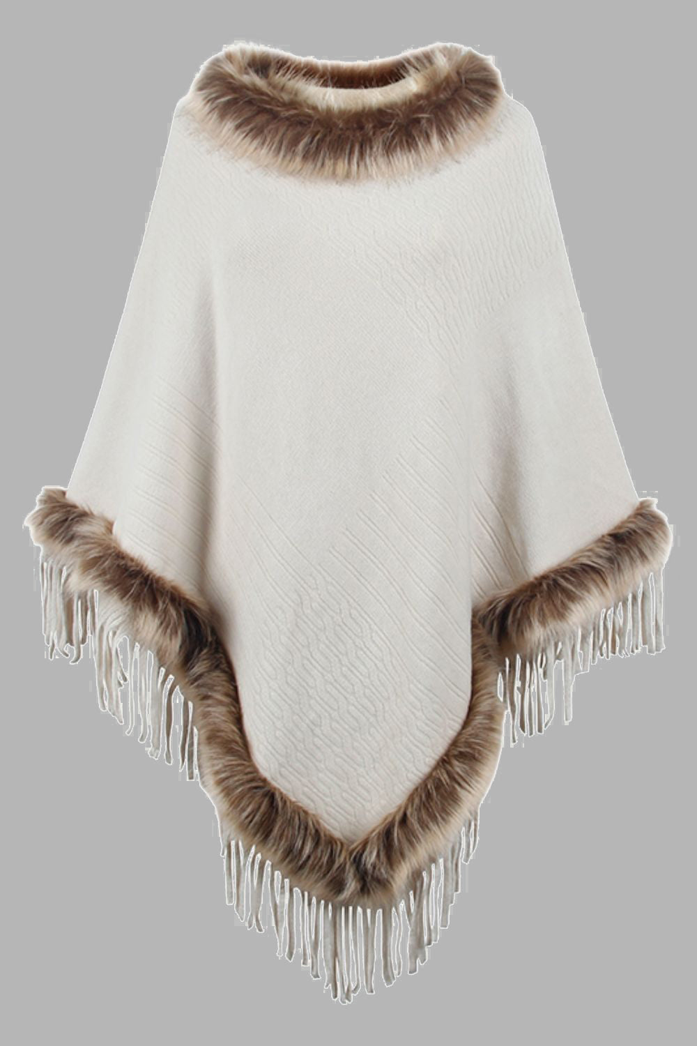 Faux Fur Trim Fringed Poncho Ivory One Size