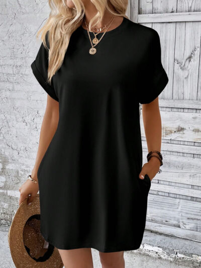 Round Neck Short Sleeve Mini Tee Dress with Pockets Black