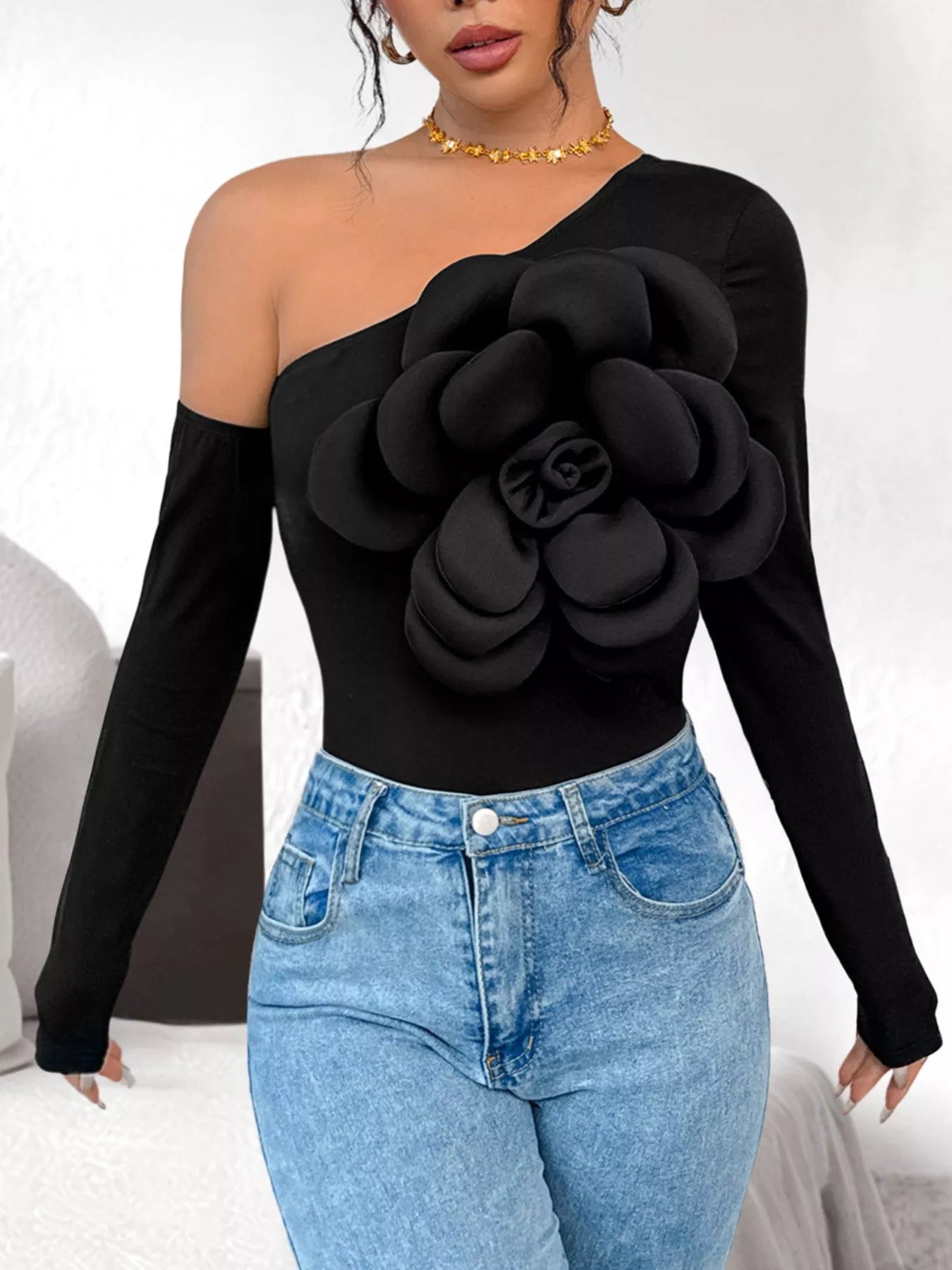 Flower Long Sleeve Single Shoulder Bodysuit