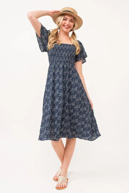 Lime 'N' Chili Smocked Floral Print Flutter Sleeve Midi Dress