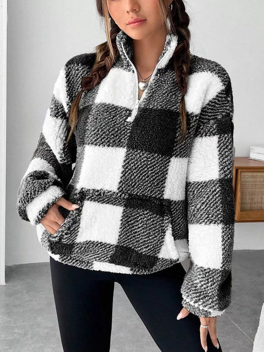 Full Size Plaid Sherpa Long Sleeve Sweatshirt Plus Size